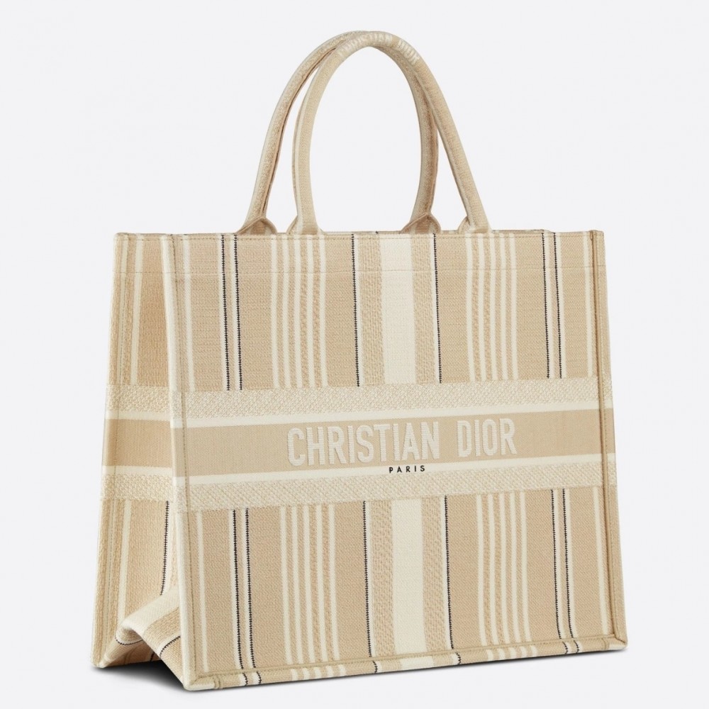 Dior Book Tote Bag In Beige Stripes Embroidery