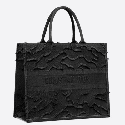 Dior Book Tote Bag In Black Camouflage Embroidered Canvas