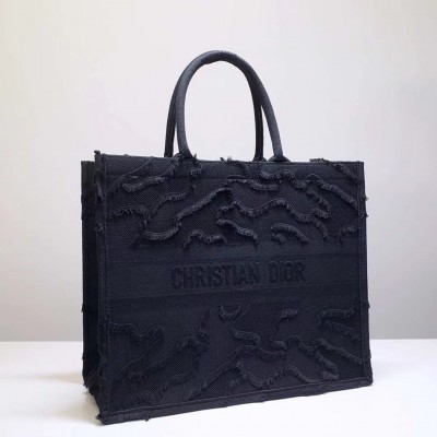 Dior Book Tote Bag In Black Camouflage Embroidered Canvas