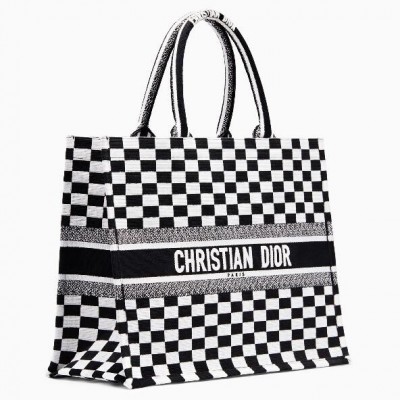 Dior Book Tote Bag In Black/White Checkered Canvas