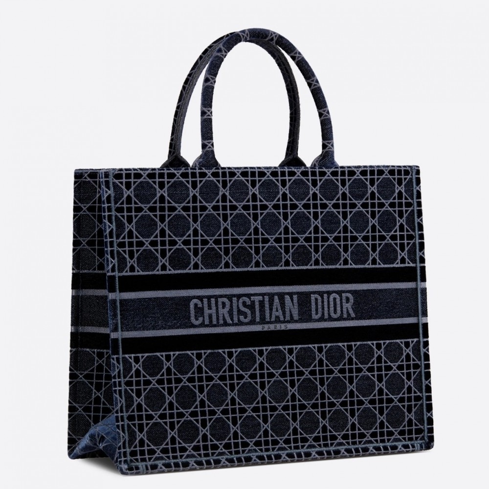 Dior Book Tote Bag In Blue Cannage Embroidered Velvet