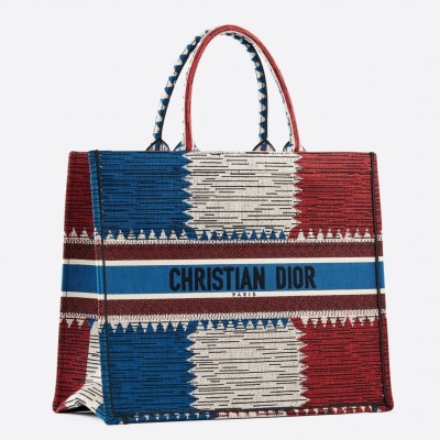 Dior Book Tote Bag In French Flag Embroidered Canvas