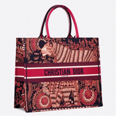 Dior Book Tote Bag In Fuchsia Animals Embroidered Canvas