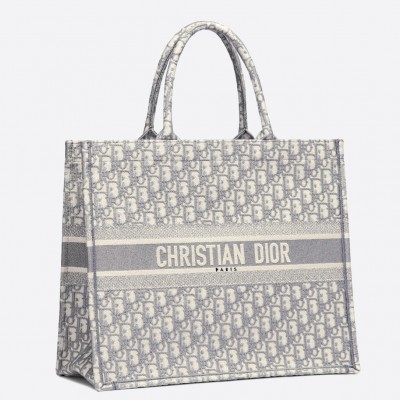 Dior Book Tote Bag In Grey Oblique Embroidery Canvas