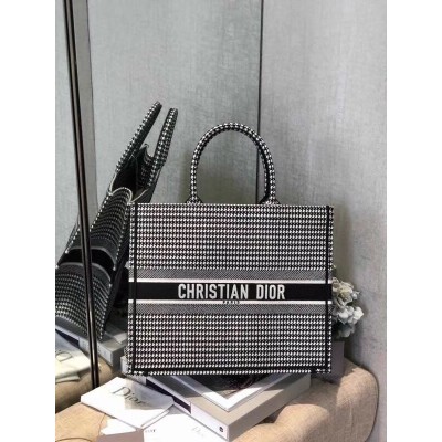 Dior Book Tote Bag In Houndstooth Embroidered Canvas