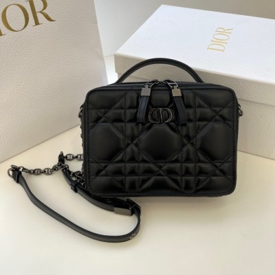 Dior Caro Box Bag with Chain in Black Macrocannage Calfskin