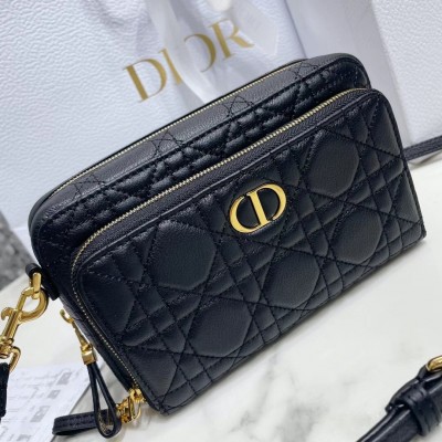 Dior Caro Double Pouch In Black Cannage Calfskin