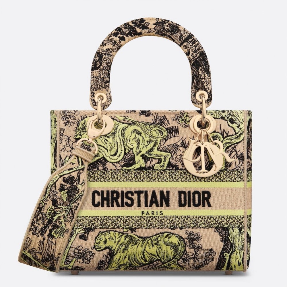 Dior Dioriviera Lady D-Lite Medium Bag in Raffia with Lime Toile de Jouy Sauvage Embroidery