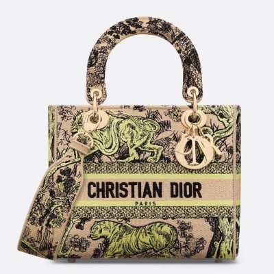 Dior Dioriviera Lady D-Lite Medium Bag in Raffia with Lime Toile de Jouy Sauvage Embroidery