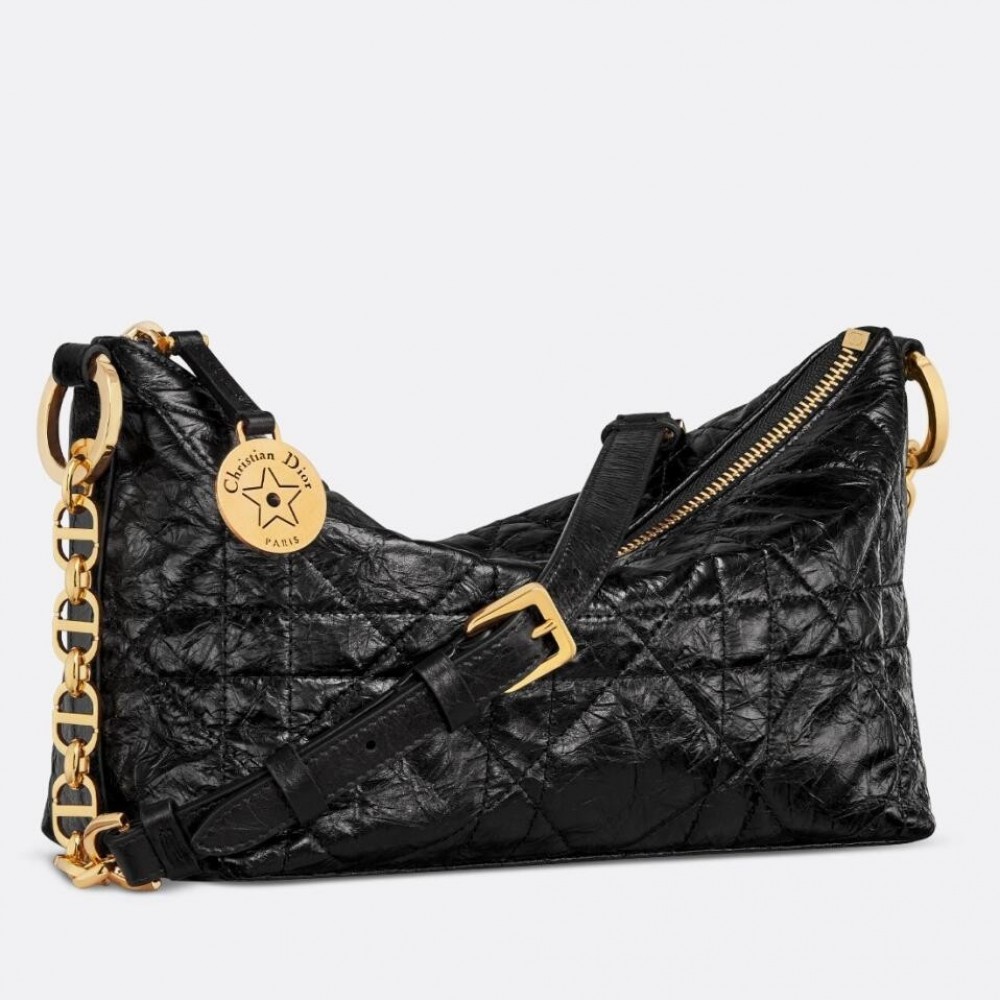 Dior Diorstar Hobo Bag with Chain in Black Crinkled Calfskin