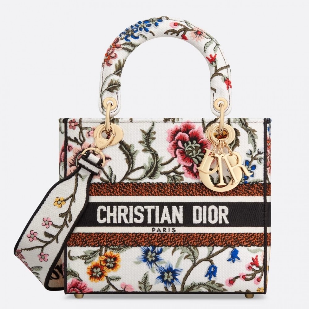 Dior Lady D-Lite Medium Bag In White Dior Petites Fleurs Embroidery