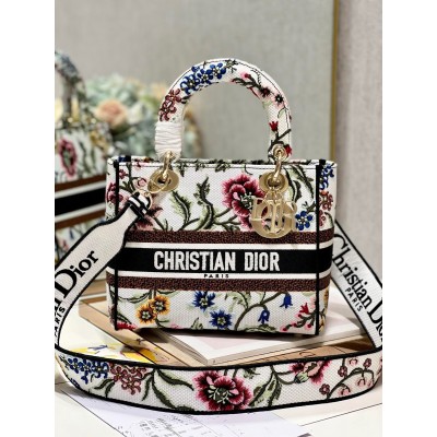 Dior Lady D-Lite Medium Bag In White Dior Petites Fleurs Embroidery