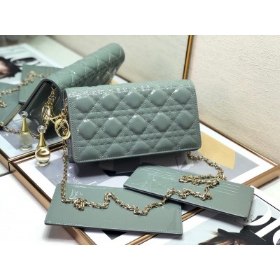 Dior Lady Dior Clutch With Chain In Grey Patent Leather