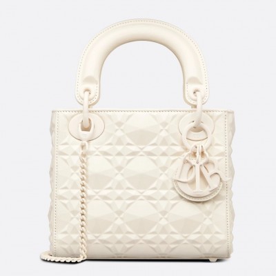 Dior Lady Dior Mini Bag In White Calfskin with Diamond Motif