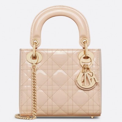 Dior Lady Dior Mini Chain Bag with Chain in Aesthetic Beige Patent Calfskin