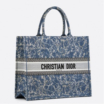 Dior Large Book Tote Bag In Blue Brocart Denim-Effect Embroidery