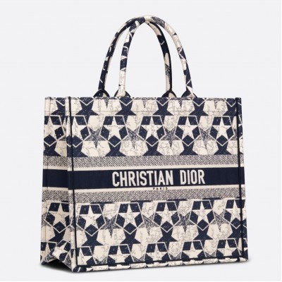 Dior Large Book Tote Bag In Blue and White Dior Etoile Embroidery