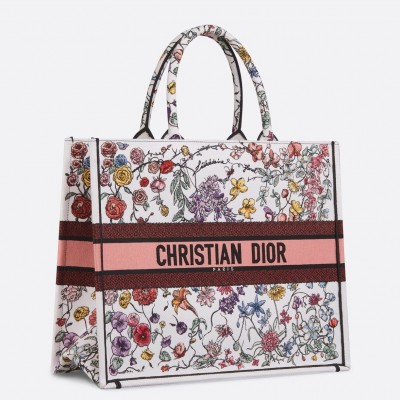 Dior Large Book Tote Bag In White Multicolor Florilegio Embroidery