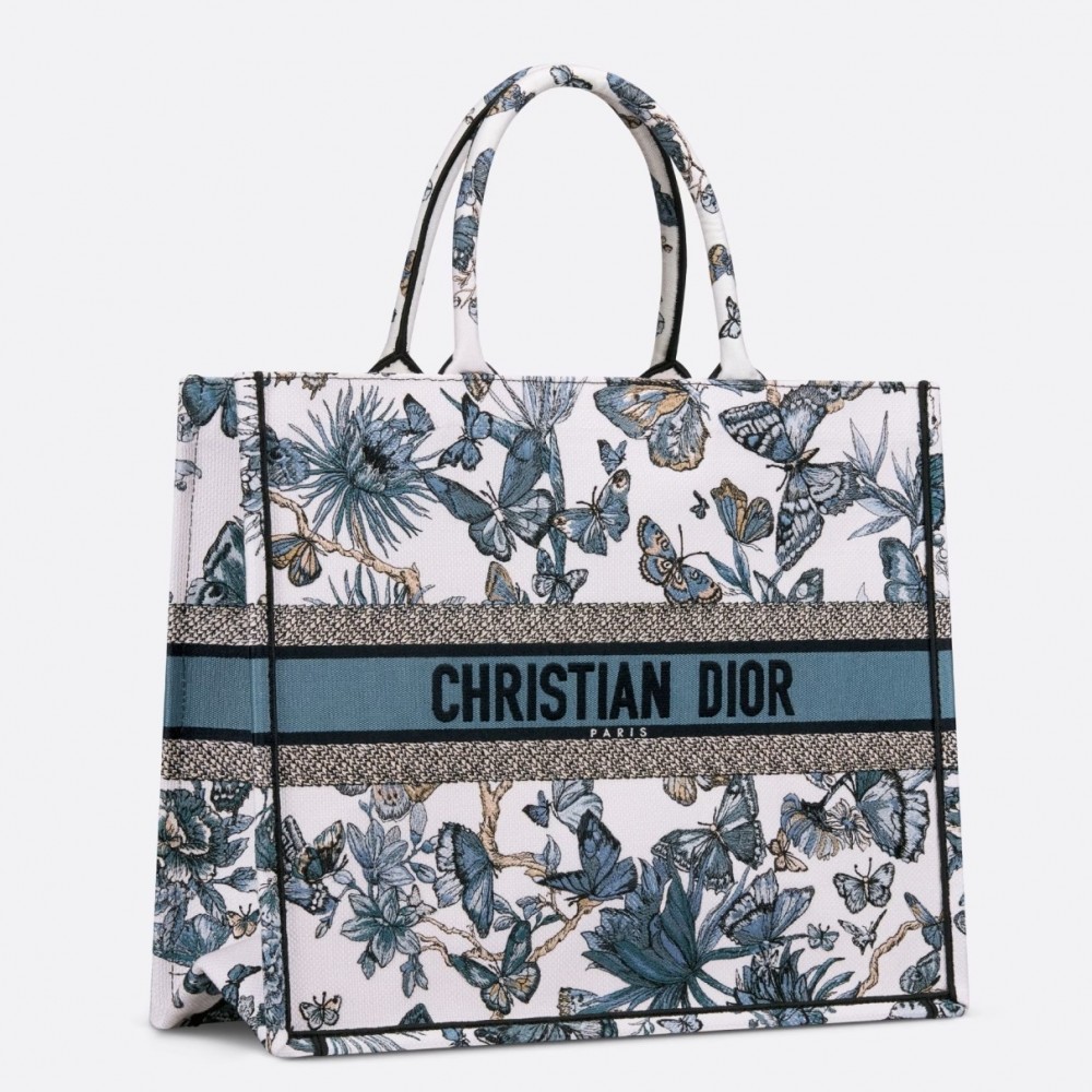 Dior Large Book Tote Bag in White and Blue Toile de Jouy Mexico Embroidery