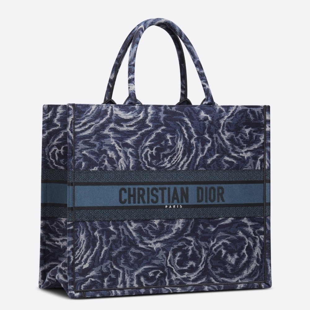 Dior Large Book Tote In Blue Dior Roses Embroidery