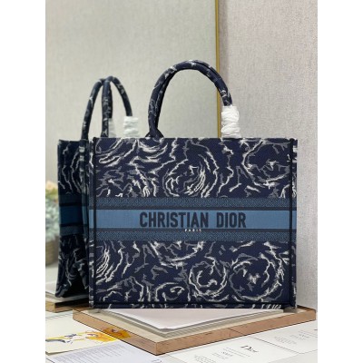 Dior Large Book Tote In Blue Dior Roses Embroidery