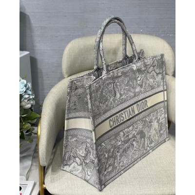 Dior Large Book Tote In Gray Toile de Jouy Reverse Embroidery