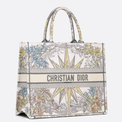 Dior Large Dior Book Tote In White Multicolor Reve d'Infini Embroidery