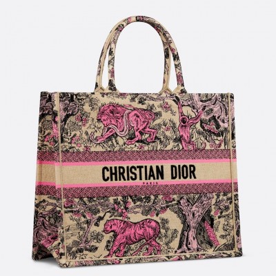 Dior Large Dioriviera Book Tote in Raffia with Pink Toile de Jouy Sauvage Embroidery