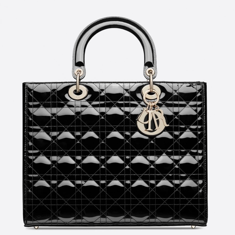 Dior Large Lady Dior Bag In Black Patent Cannage Calfskin