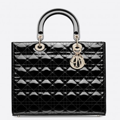 Dior Large Lady Dior Bag In Black Patent Cannage Calfskin