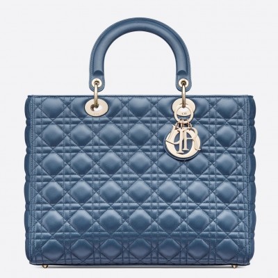 Dior Large Lady Dior Bag In Denim Blue Cannage Lambskin