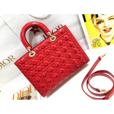 Dior Large Lady Dior Bag In Red Patent Cannage Calfskin