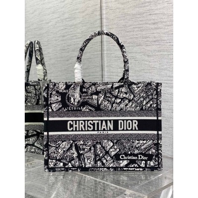 Dior Medium Book Tote Bag In Black Plan de Paris Embroidery