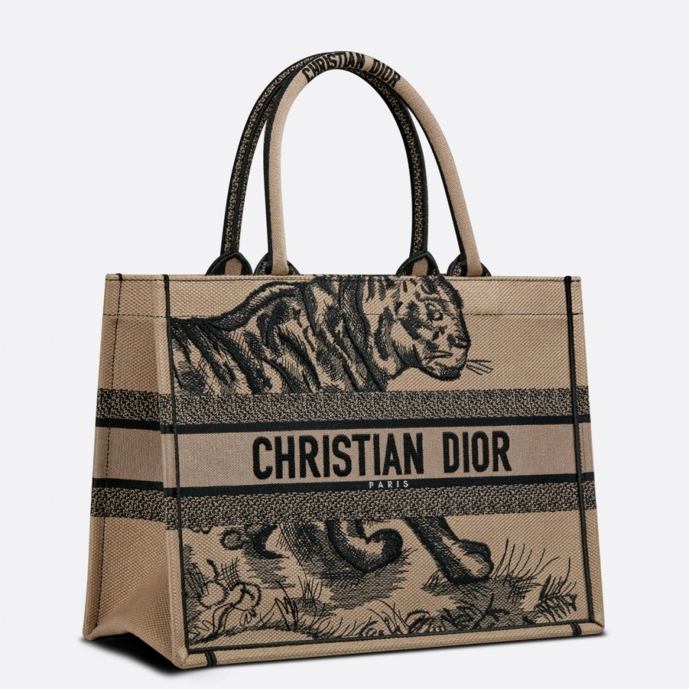 Dior Medium Book Tote Bag In Macro Toile de Jouy Tiger Embroidery