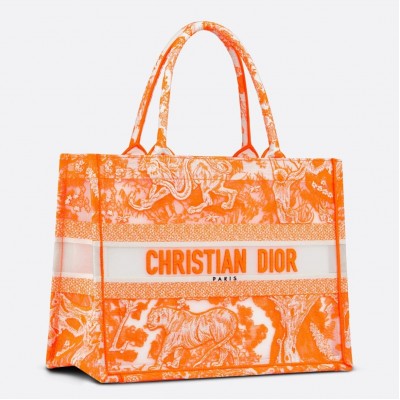 Dior Medium Book Tote Bag In Orange Transparent Toile de Jouy Canvas