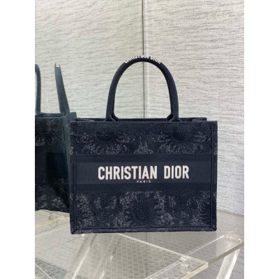 Dior Medium Book Tote Bag in Black Toile de Jouy Soleil Macramé Embroidery