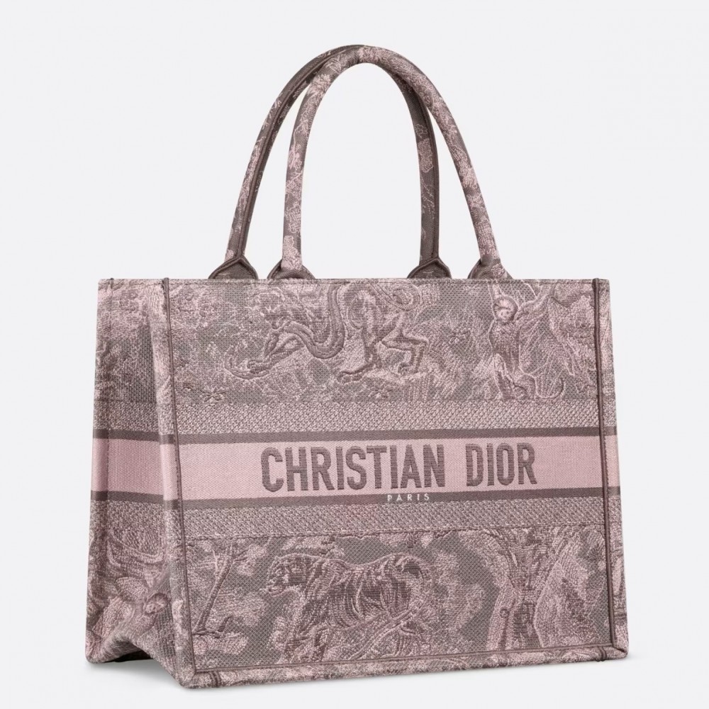 Dior Medium Book Tote Bag in Grey and Pink Toile de Jouy Reverse Embroidery