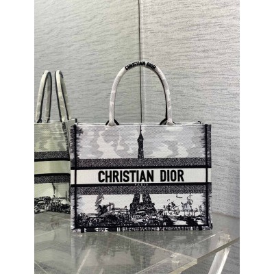 Dior Medium Book Tote Bag in White and Black Paris Embroidery