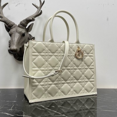 Dior Medium Book Tote Bag with Strap in White Macrocannage Calfskin