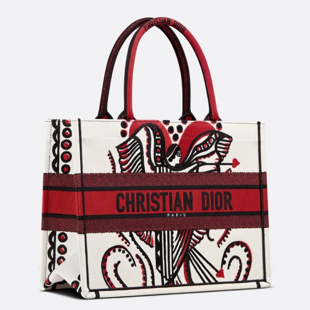 Dior Medium Book Tote In Latte Multicolor Cupidon Embroidery