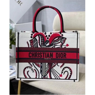 Dior Medium Book Tote In Latte Multicolor Cupidon Embroidery