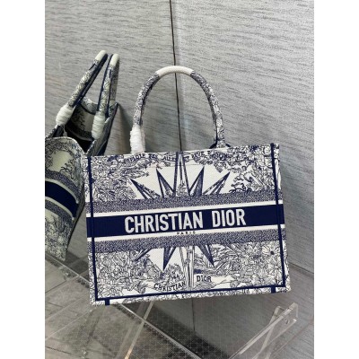 Dior Medium Dior Book Tote In White and Blue Reve d'Infini Embroidery