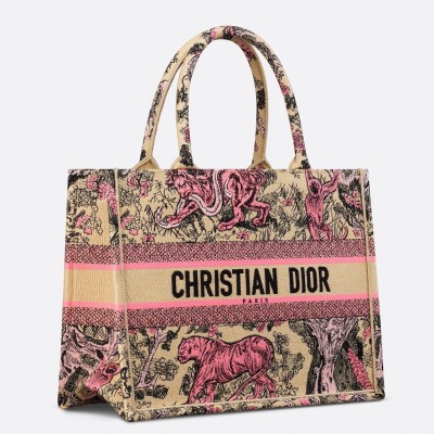 Dior Medium Dioriviera Book Tote in Raffia with Pink Toile de Jouy Sauvage Embroidery