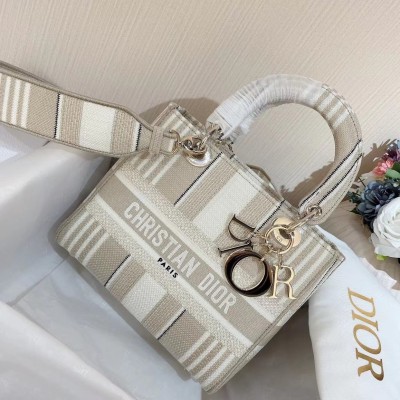 Dior Medium Lady D-Lite Bag In Beige Stripes Embroidery