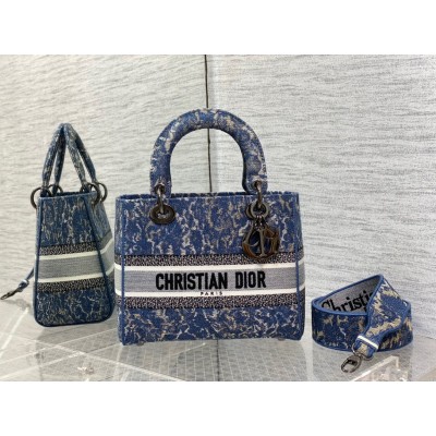 Dior Medium Lady D-Lite Bag In Blue Brocart Denim-Effect Embroidery