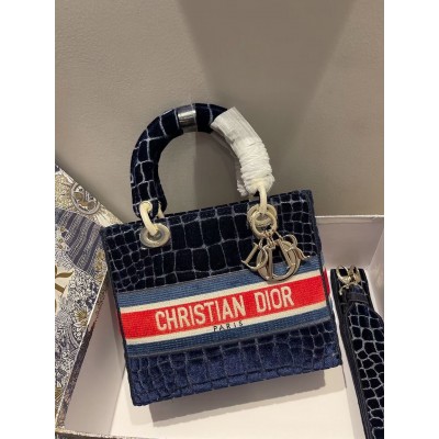 Dior Medium Lady D-Lite Bag In Blue Crocodile Embroidered Velvet