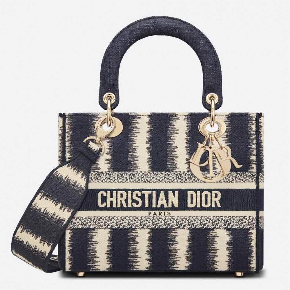 Dior Medium Lady D-Lite Bag In Blue D-Stripes Embroidery