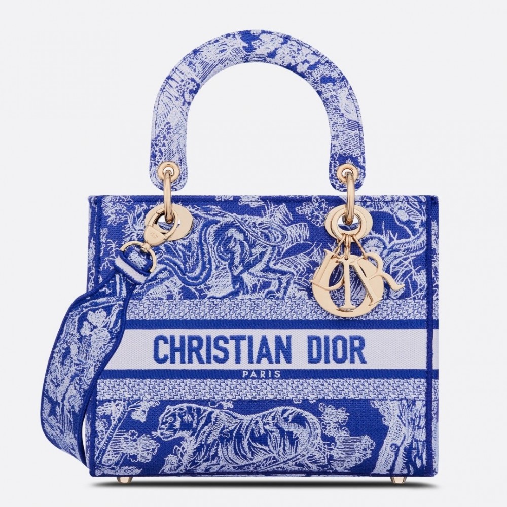 Dior Medium Lady D-Lite Bag In Fluorescent Blue Toile de Jouy Reverse Embroidery