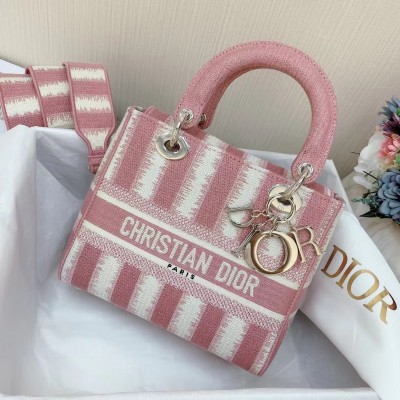 Dior Medium Lady D-Lite Bag In Pink D-Stripes Embroidery