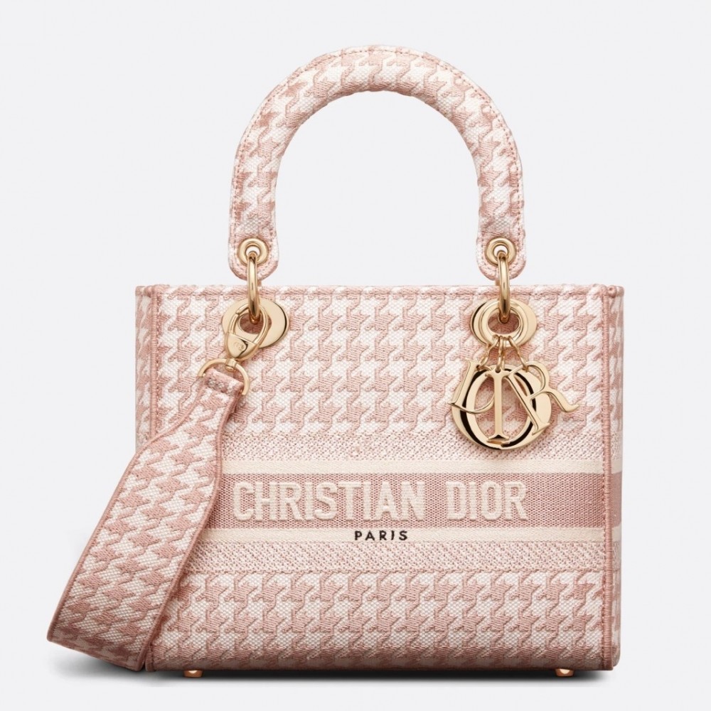 Dior Medium Lady D-Lite Bag In Pink Houndstooth Embroidery